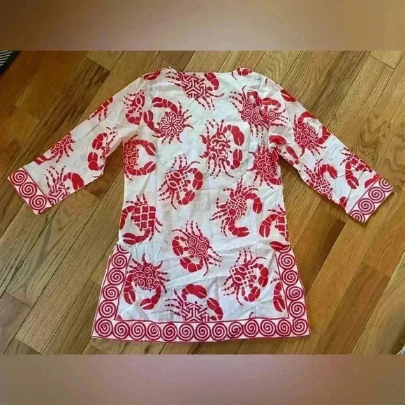 Gretchen Scott Tunic Top Womens Size XS 3/4 Sleeves Crab Print Red/White V Neck - Picture 6 of 10